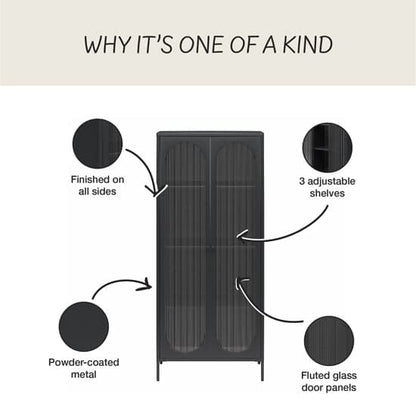Luna Tall Metal Storage Cabinet With 2 Fluted Glass Doors In Black