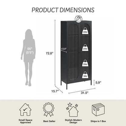 Luna Tall Metal Storage Cabinet With 2 Fluted Glass Doors In Black