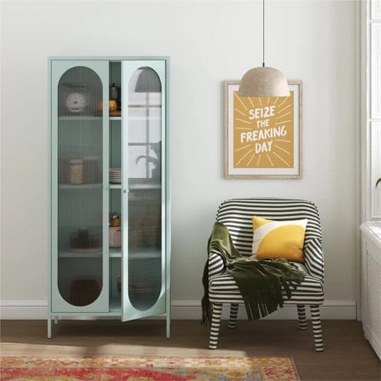 Luna Tall Metal Storage Cabinet With 2 Fluted Glass Doors In Sky Blue