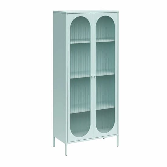 Luna Tall Metal Storage Cabinet With 2 Fluted Glass Doors In Sky Blue