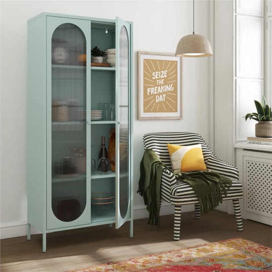 Luna Tall Metal Storage Cabinet With 2 Fluted Glass Doors In Sky Blue