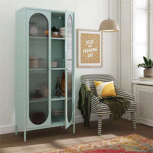 Luna Tall Metal Storage Cabinet With 2 Fluted Glass Doors In Sky Blue