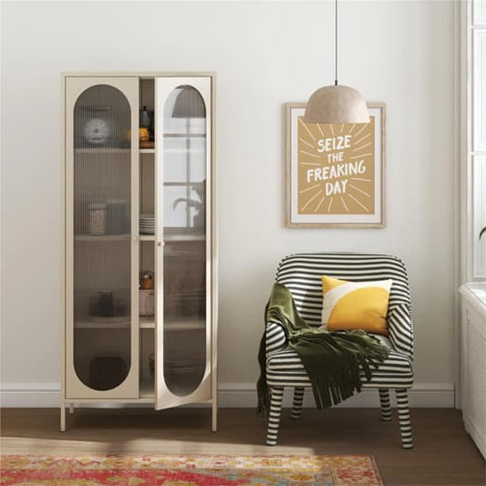 Luna Tall Metal Storage Cabinet With 2 Fluted Glass Doors In Parchment