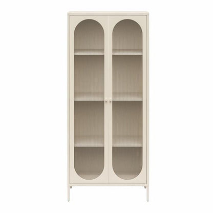 Luna Tall Metal Storage Cabinet With 2 Fluted Glass Doors In Parchment
