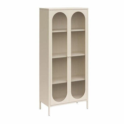 Luna Tall Metal Storage Cabinet With 2 Fluted Glass Doors In Parchment