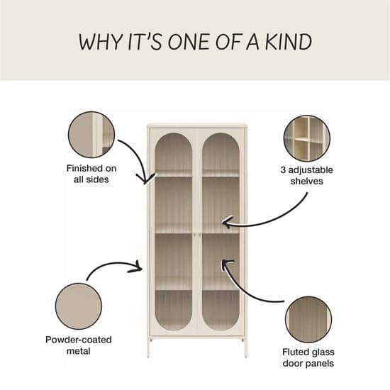 Luna Tall Metal Storage Cabinet With 2 Fluted Glass Doors In Parchment