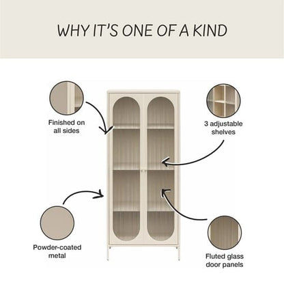 Luna Tall Metal Storage Cabinet With 2 Fluted Glass Doors In Parchment