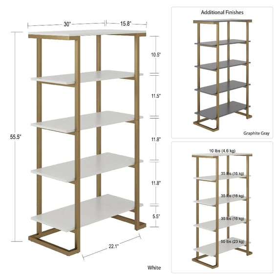 Camila Wooden Bookcase In Graphite Grey With Gold Metal Frame
