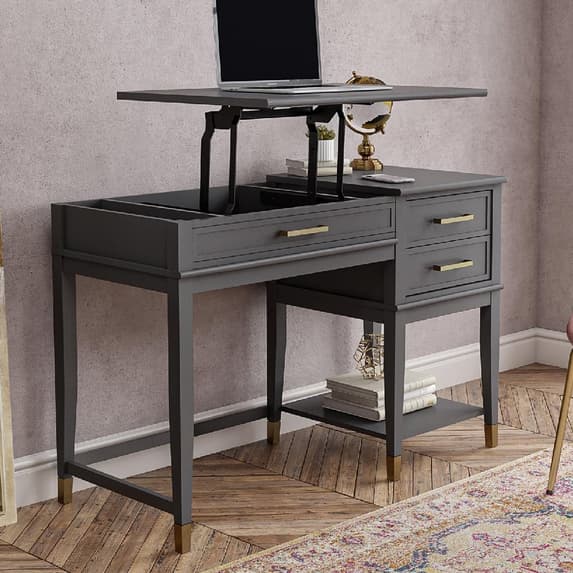 Westerleigh Wooden Lift Top Laptop Desk With 2 Drawers In Black