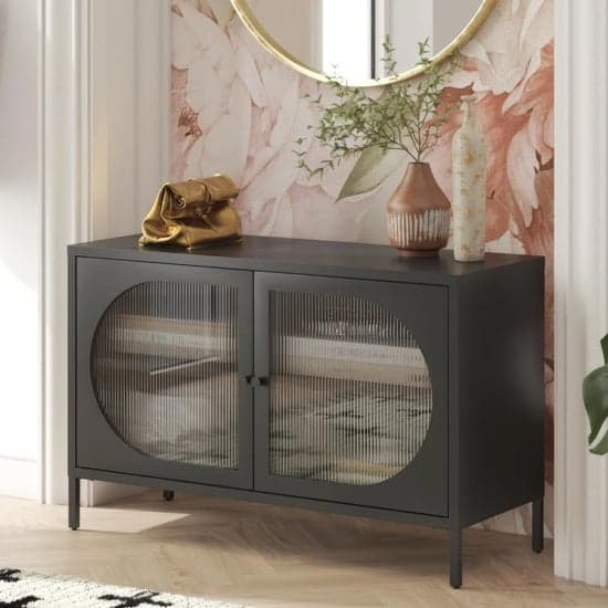 Luna Wide Metal Storage Cabinet With 2 Fluted Glass Doors In Black