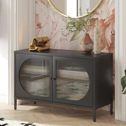 Luna Wide Metal Storage Cabinet With 2 Fluted Glass Doors In Black