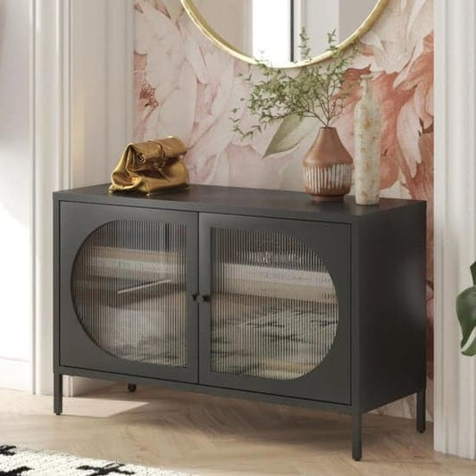 Luna Wide Metal Storage Cabinet With 2 Fluted Glass Doors In Black