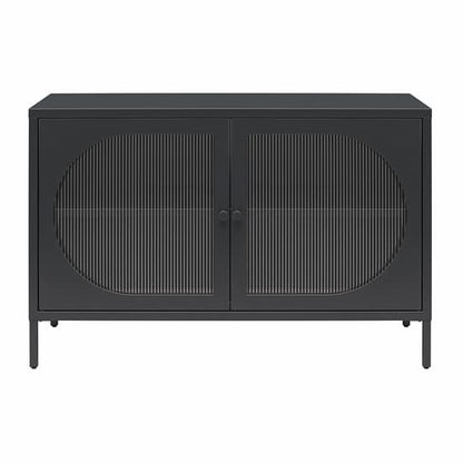 Luna Wide Metal Storage Cabinet With 2 Fluted Glass Doors In Black