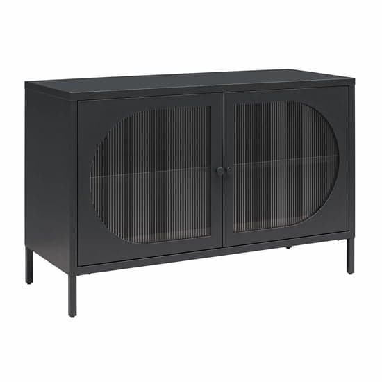 Luna Wide Metal Storage Cabinet With 2 Fluted Glass Doors In Black
