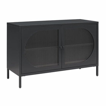 Luna Wide Metal Storage Cabinet With 2 Fluted Glass Doors In Black