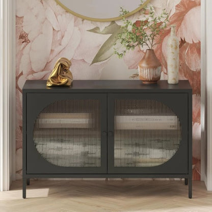 Luna Wide Metal Storage Cabinet With 2 Fluted Glass Doors In Black