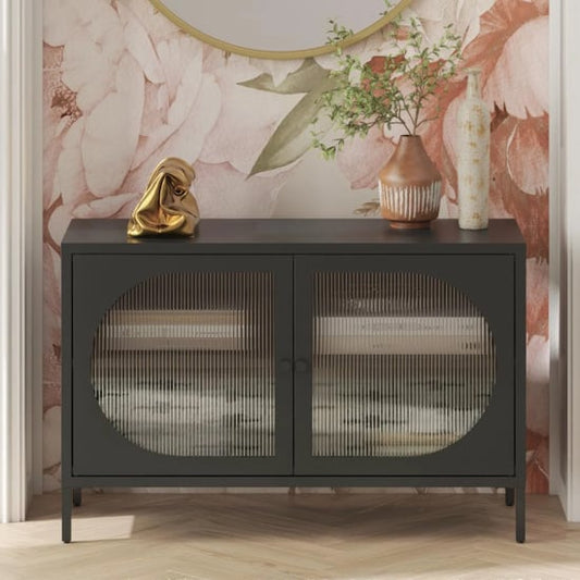 Luna Wide Metal Storage Cabinet With 2 Fluted Glass Doors In Black