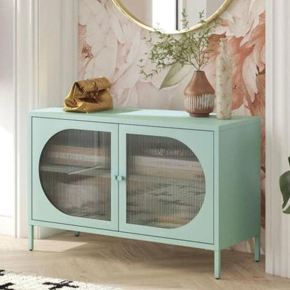 Wide Luna Metal Storage Cabinet With 2 Fluted Glass Doors In Sky Blue
