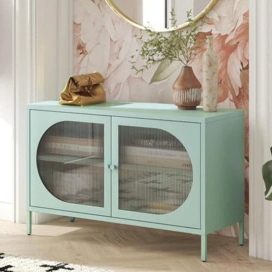 Wide Luna Metal Storage Cabinet With 2 Fluted Glass Doors In Sky Blue