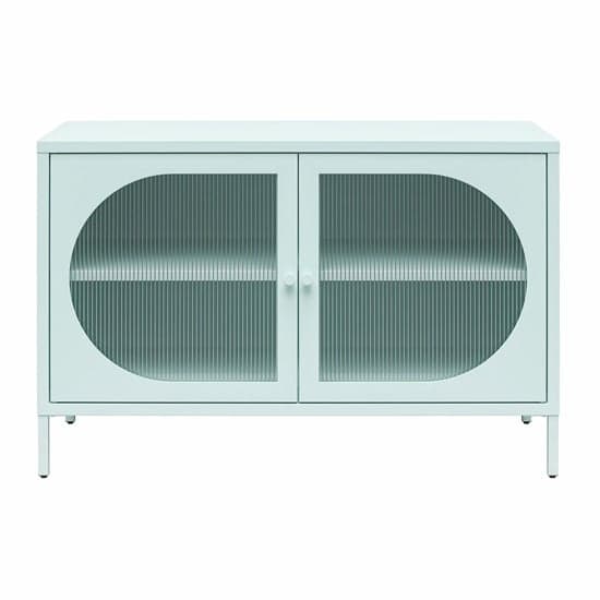 Wide Luna Metal Storage Cabinet With 2 Fluted Glass Doors In Sky Blue