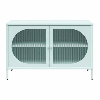 Wide Luna Metal Storage Cabinet With 2 Fluted Glass Doors In Sky Blue