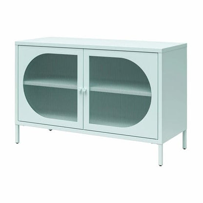 Wide Luna Metal Storage Cabinet With 2 Fluted Glass Doors In Sky Blue
