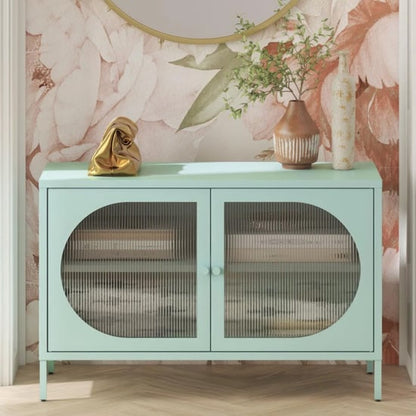 Wide Luna Metal Storage Cabinet With 2 Fluted Glass Doors In Sky Blue