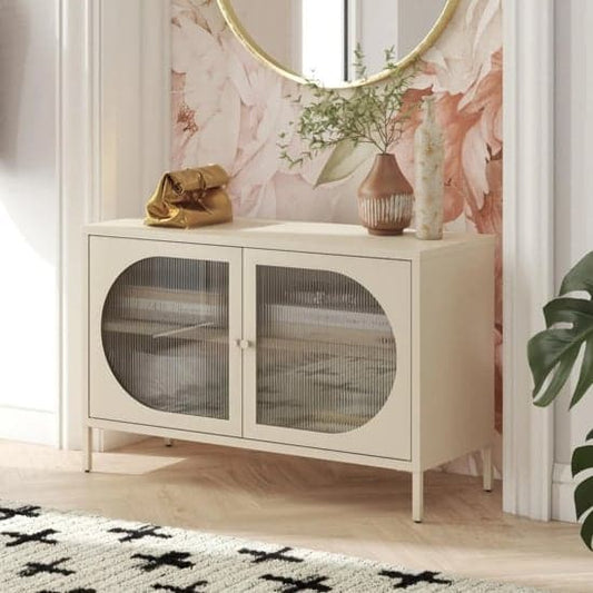Wide Luna Metal Storage Cabinet With 2 Fluted Glass Doors In Parchment
