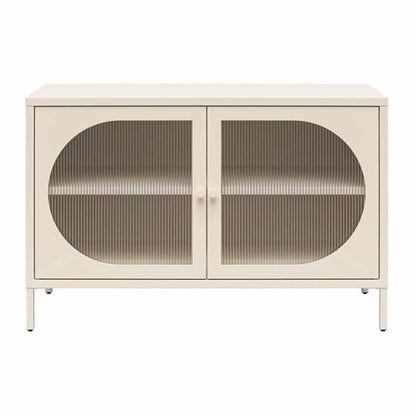 Wide Luna Metal Storage Cabinet With 2 Fluted Glass Doors In Parchment