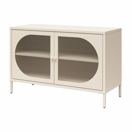 Wide Luna Metal Storage Cabinet With 2 Fluted Glass Doors In Parchment