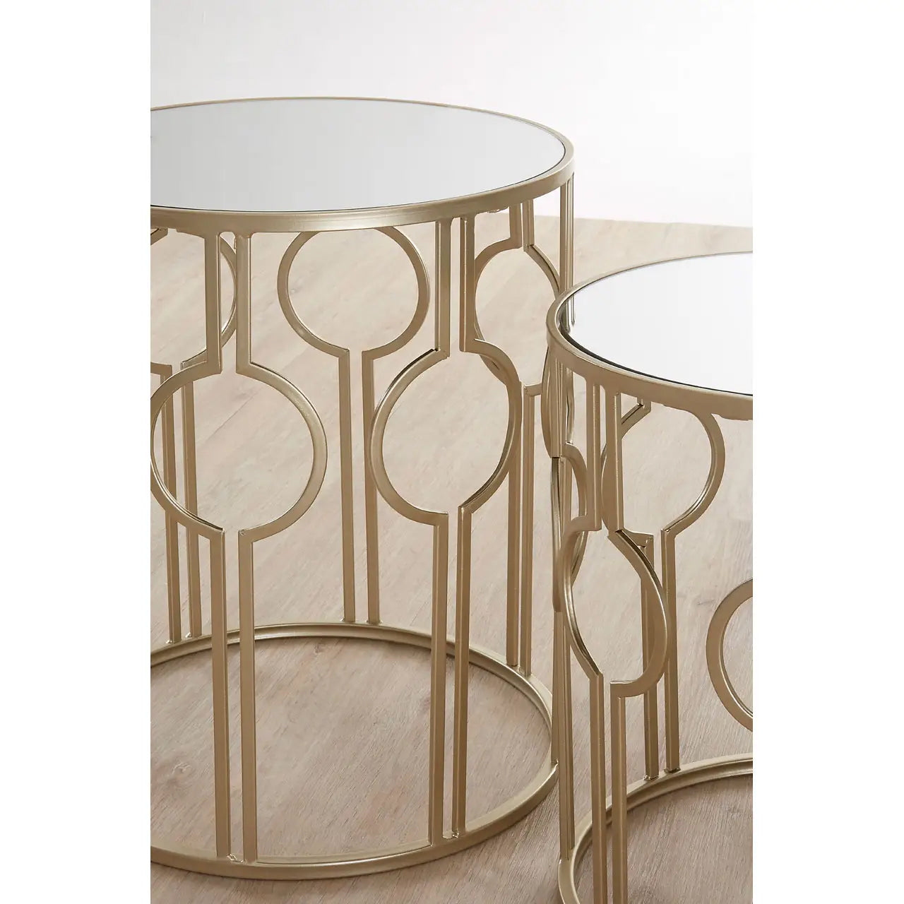 Avantis Mirrored Glass Circle Design Set of 2 Side Tables With Champagne Frame