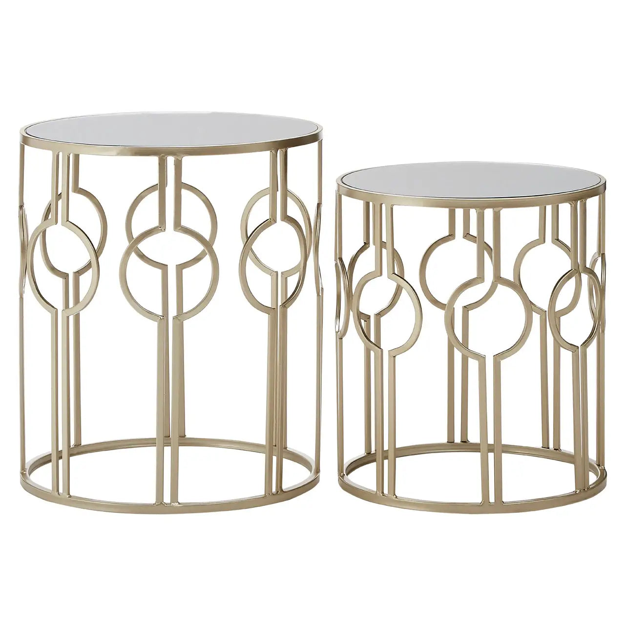 Avantis Mirrored Glass Circle Design Set of 2 Side Tables With Champagne Frame
