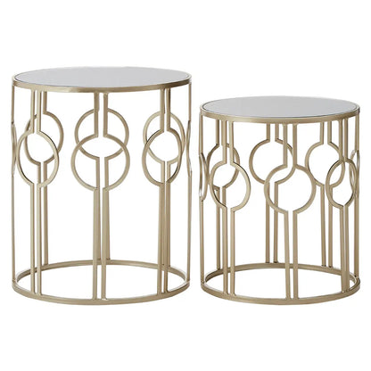 Avantis Mirrored Glass Circle Design Set of 2 Side Tables With Champagne Frame