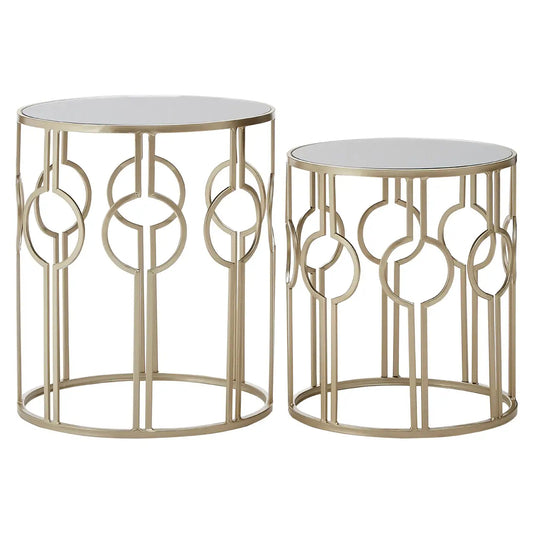 Avantis Mirrored Glass Circle Design Set of 2 Side Tables With Champagne Frame