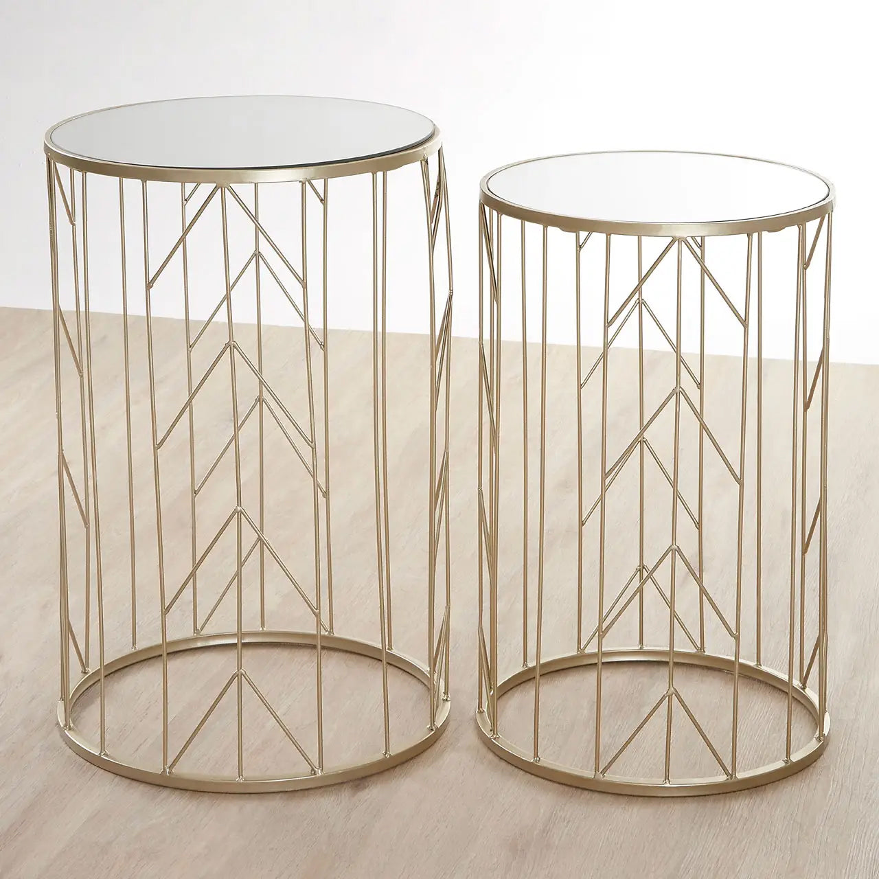 Avantis Mirrored Glass Set of 2 Arrow Design Side Tables In Champagne
