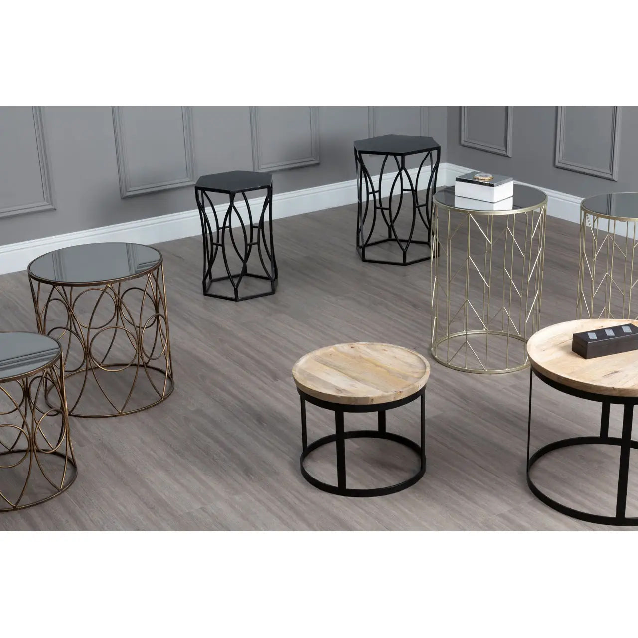 Avantis Mirrored Glass Set of 2 Arrow Design Side Tables In Champagne