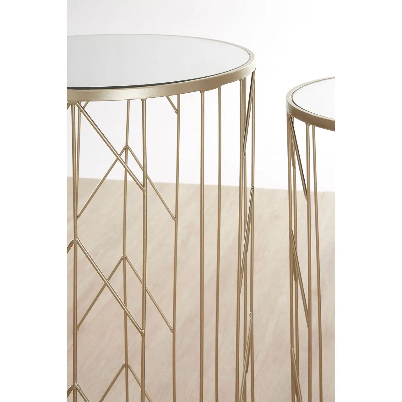 Avantis Mirrored Glass Set of 2 Arrow Design Side Tables In Champagne