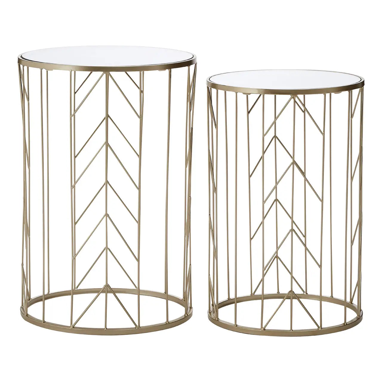 Avantis Mirrored Glass Set of 2 Arrow Design Side Tables In Champagne