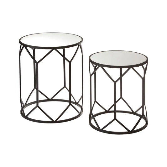 Avantis Mirrored Glass Set Of 2 Side Tables With Black Polygonal Frame