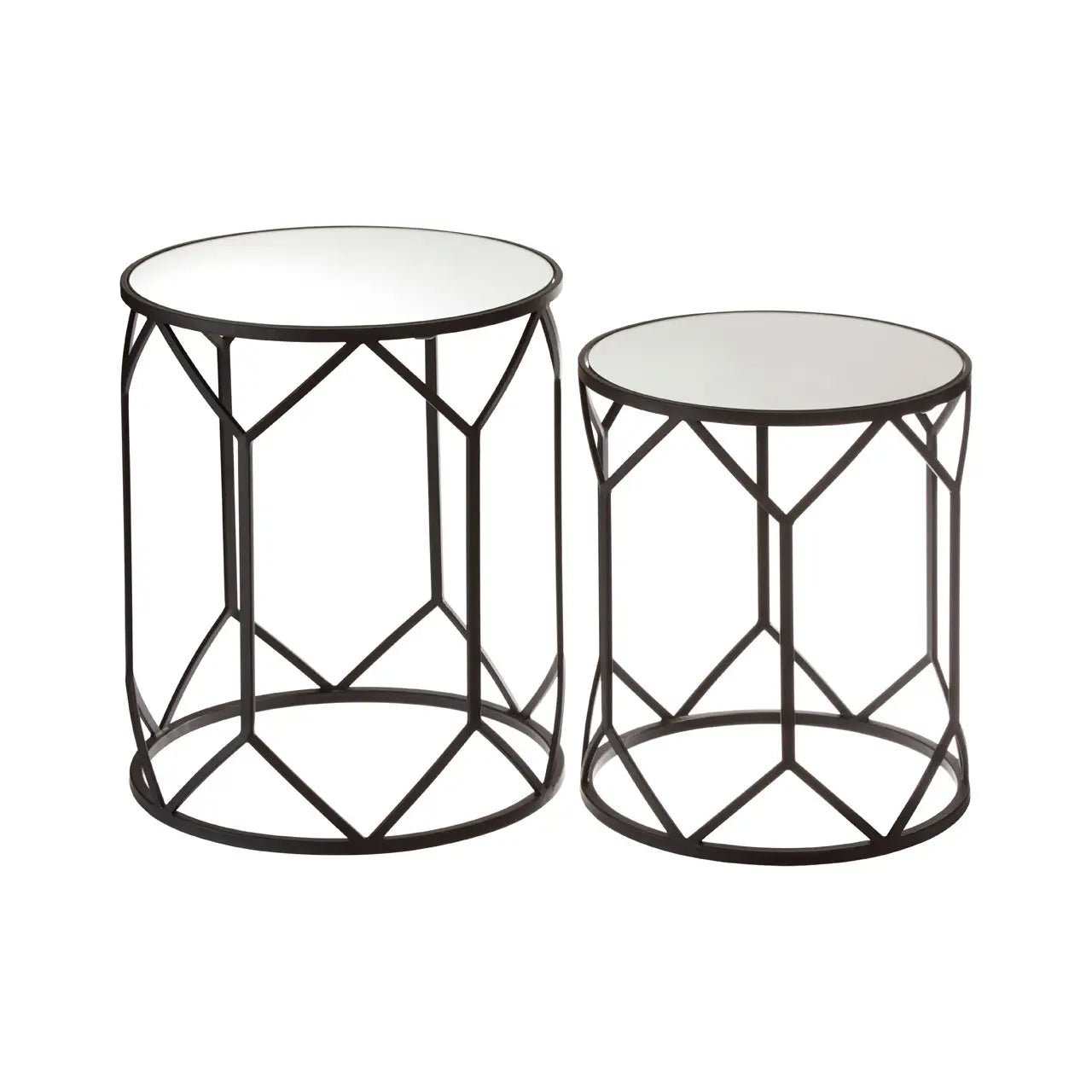 Avantis Mirrored Glass Set Of 2 Side Tables With Black Polygonal Frame