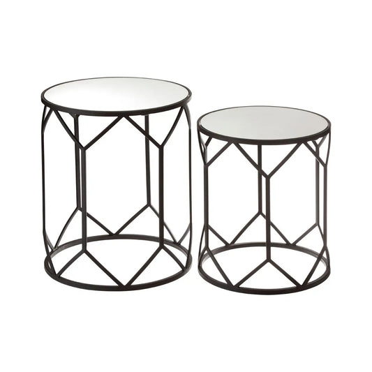 Avantis Mirrored Glass Set Of 2 Side Tables With Black Polygonal Frame