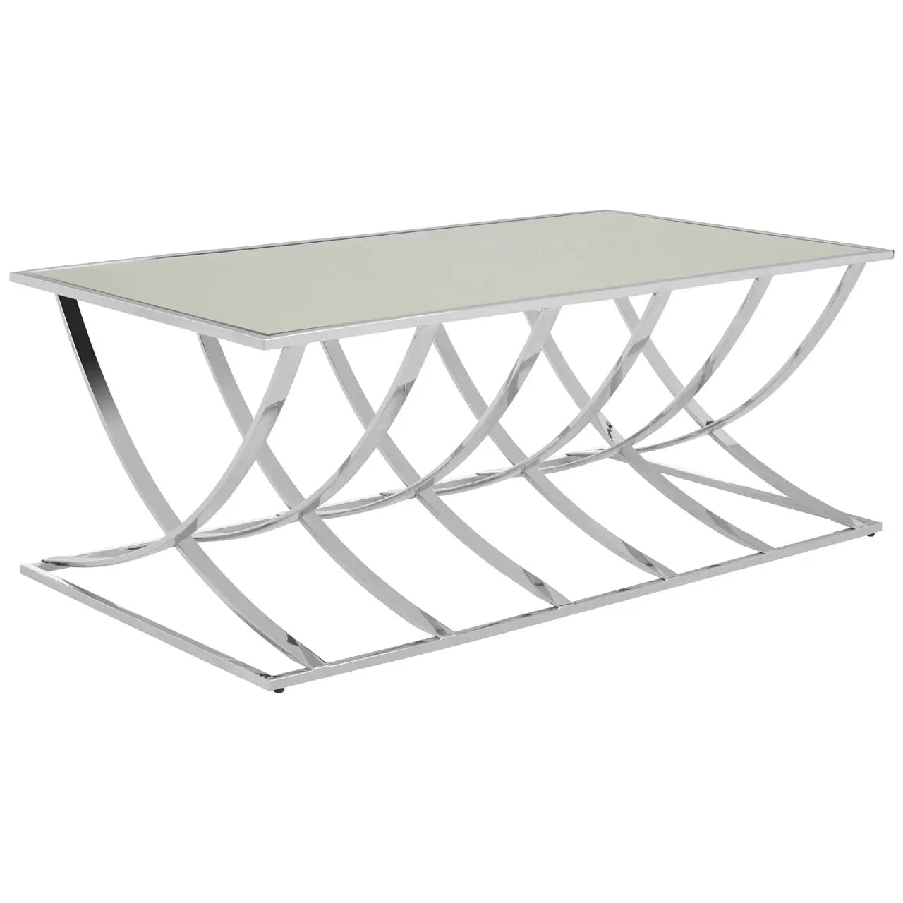 Reena Mirrored Glass Coffee Table With Silver Stainless Steel Base