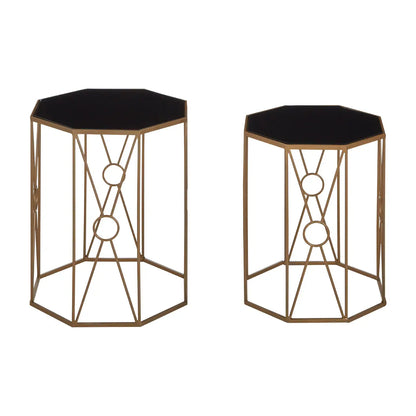 Trento Black Glass Top Set Of 2 End Tables With Slim Rich Copper Frame