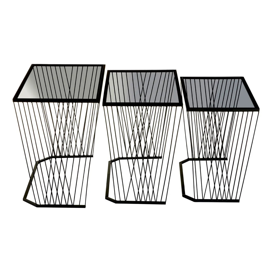 Trento Black Glass Top Set Of 3 Side Tables With Slim Black Frame