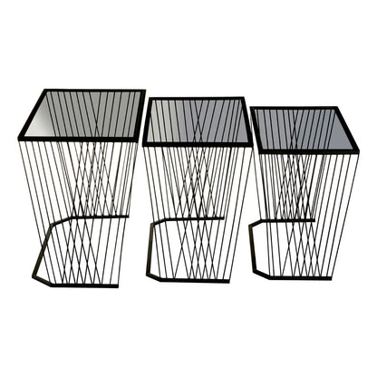 Trento Black Glass Top Set Of 3 Side Tables With Slim Black Frame