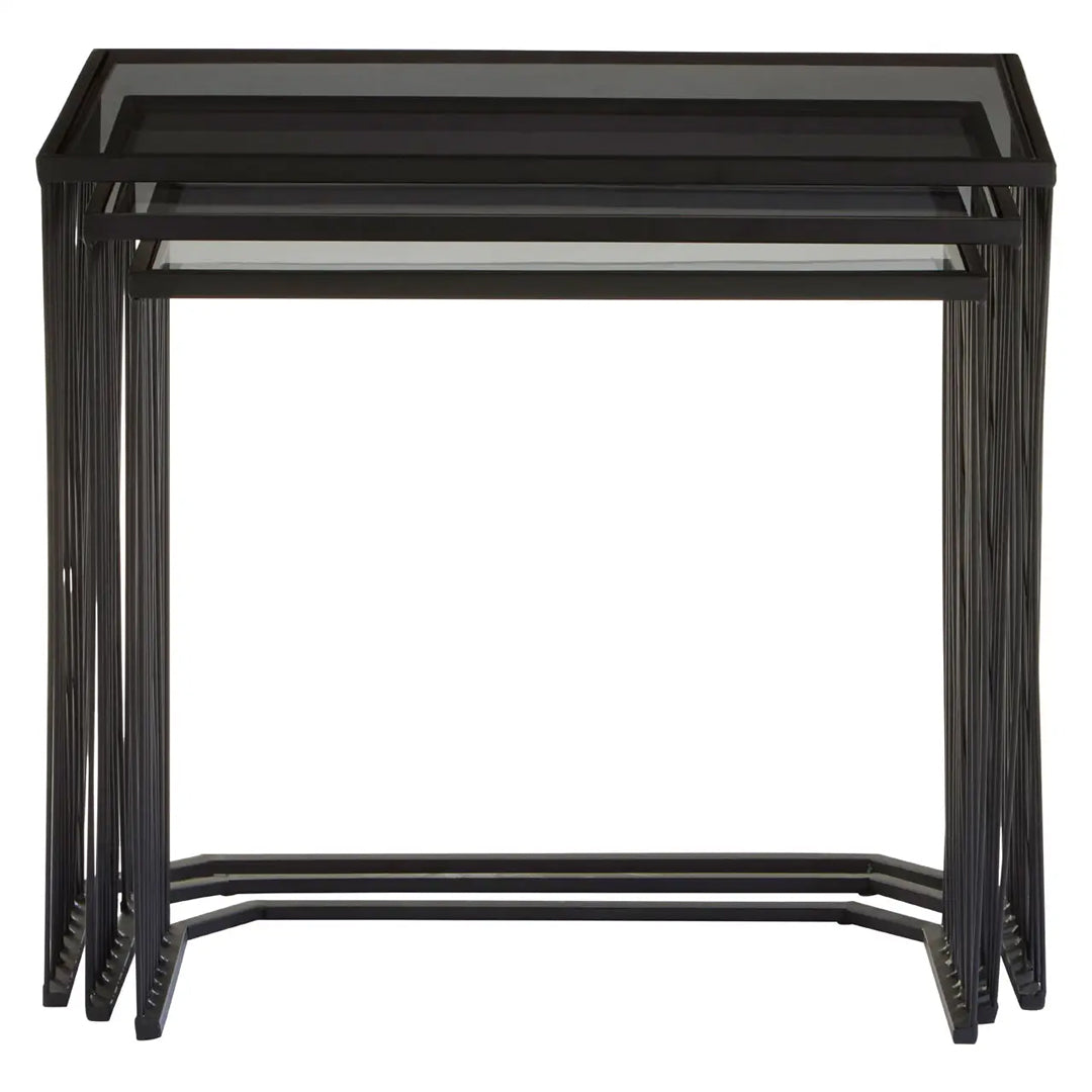 Trento Black Glass Top Set Of 3 Side Tables With Slim Black Frame