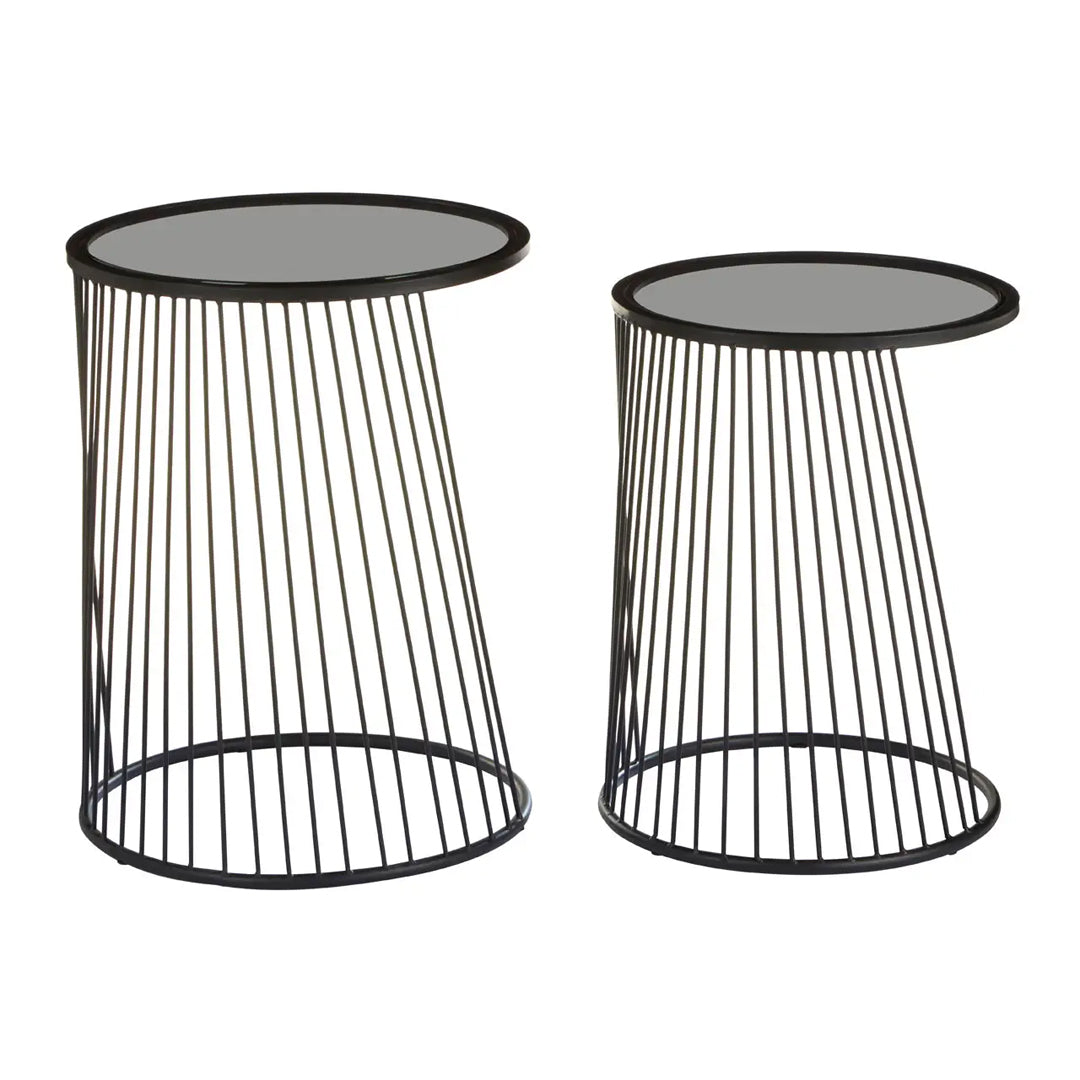 Trento Black Glass Top Set Of 2 Side Tables With Slim Black Frame