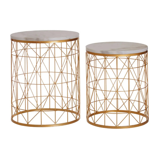 Avantis Round Marble Top Set Of 2 Side Tables With Gold Frame