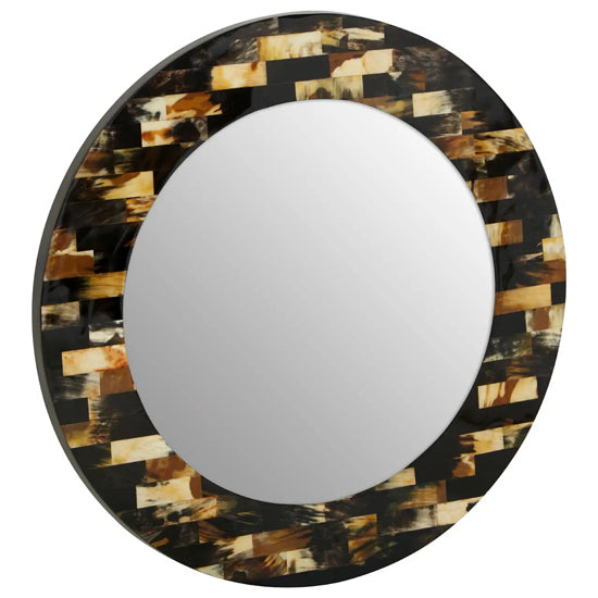 Obra Mother Of Pearl Round Wall Mirror With Brown Wooden Frame