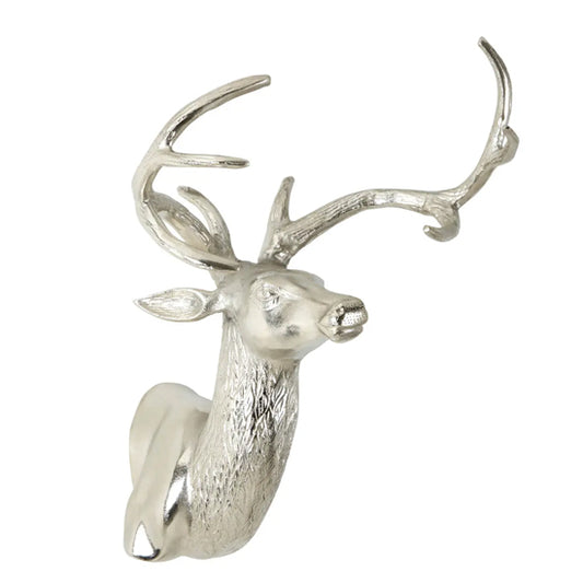 Stella Wall Mounted Aluminium Stag With Curved Antlers In Silver